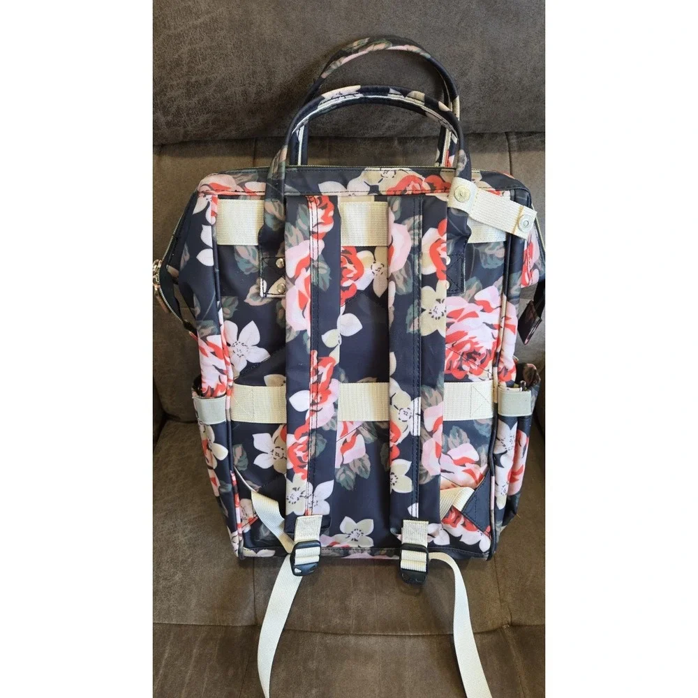 Black Floral Diaper Bag Backpack USB Opening RFID Travel Laptop Organizer Bag